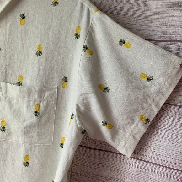 Rae Dunn Women's Linen Pineapple Print Button Up Shirt Short Sleeve Collar Large - Picture 16 of 16